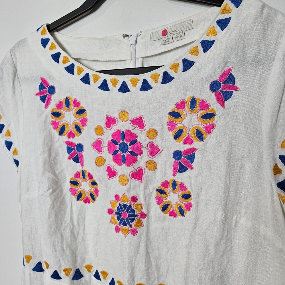 Boden Womens White 100% Linen Embroidered Floral Garden Cottage Shift Dress 8R - Picture 2 of 6